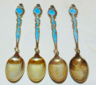Four Very Rare Vintage Th.  Marthinsen Sterling Silver Demitasse Spoons Enamel Gu