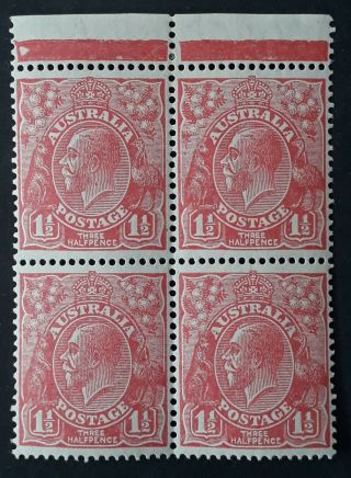 Rare 1927 Australia Blk 4x1 1/2d Pink Kgv Stamps Smwmk P13 1/2 X12 1/2