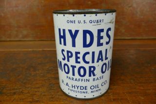 Rare Vintage Hydes Special Motor Oil One Quart Metal Oil Can Pipestone Minnesota