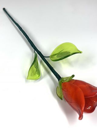 Rare Vtg Murano Hand Blown Glass Red Rose Flower Leaves Wire Stem Tag