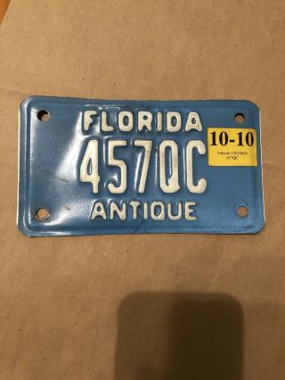 Antique Motorcycle License Plate Florida Blue 457qc Harley Bobber Indian