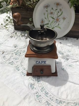 Vintage Antique Porcelain And Wood Coffee Grinder Spice Pepper Mill