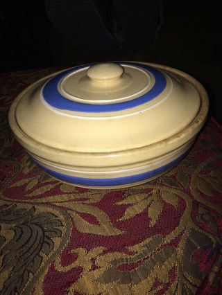 vintage RARE blue and white banded bowl with lid WATT pottery oven ware 8.  5 inch 2
