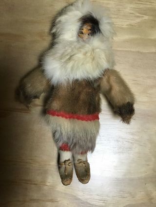 Vintage Eskimo Inuit Doll Real Fur Parka Hand Painted Leather Face Seal 9 Inch