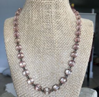 Vintage Art Deco Rose Light Pale Pink Czech Crystal Glass Beaded Necklace Rare