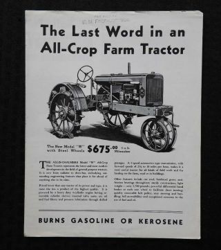 C.  1930 Allis Chalmers Model W Wf Wc All - Crop Tractor Brochure Very Rare &
