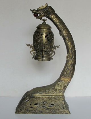 Rare Vintage Brass Dragon W/flaming Red Pearl In Mouth Lantern 15 " Tall