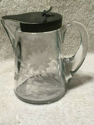 Vintage Glass Creamer With Floral Etching.  Glass Contains Metal Top For Creamer