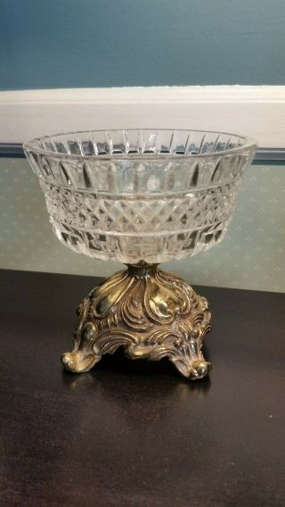 Vintage Clear Cut Crystal Glass W/ Brass Metal Base Decorative Piece
