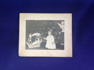 Antique Cabinet Card Photograph Of Young Girl With Teddy Bear And Bisque Doll