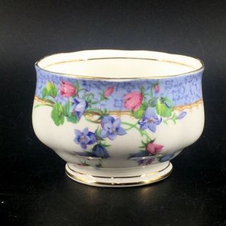 Rare Early Royal Albert Harebell Open Sugar Bowl Blue Trim Pink Roses Gilded