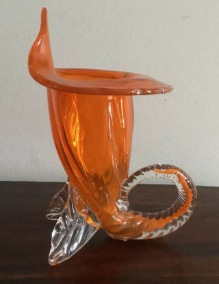 Stunning Rare 1950s Vintage Orange Murano Glass Footed Cornucopia Vase