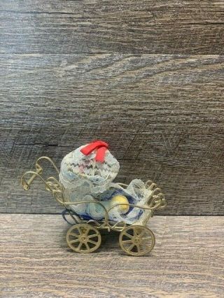 Baby Carriage Stroller Pram Miniature Gold Metal Includes Baby