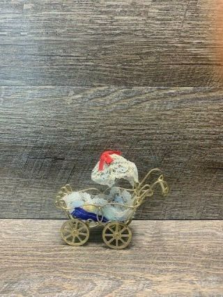 Baby Carriage Stroller Pram Miniature Gold Metal Includes Baby 3
