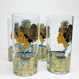 Rare Vintage Mid Century Balinese ? Tribal Turquoise,  Gold Highball Bar Glasses