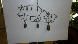Folk Art Country Farm House - - - - Wind Chime Pig And Piglet Bells Brass