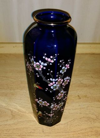 Vintage Japanese Blue Porcelain Vase Hand Painted Cherry Blossom Birds 9.  75 " Tall
