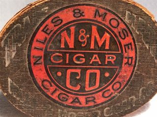 RARE 1910 NILES & MOSER CIGAR CO OVAL 25 CIGAR WOOD BOX W/TAX STAMP & TAMPA SEAL 2