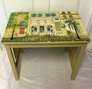 Vintage Mission Arts and Crafts Style PARIS CAFE PRINTED ON TOP End Table 2