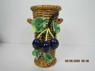 Antique Vintage Austria Majolica Vase Basket Woven Look With Fruit