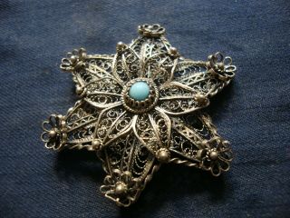 Rare Star Turquoise Gem Stone Estate Old Pawn Sterling Silver Brooch