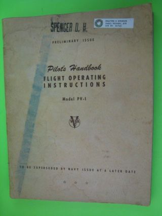 Wwii Lockheed Ventura Pv - 1 Bomber Pilot Handbook Pilot Id Named Rare