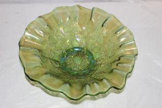 Antique Millersburg Blackberry Wreath Green Carnival Glass Ruffled 9 " Bowl
