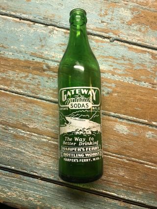 Rare Gateway Sodas Harpers Ferry Green Glass Paint Label Bottle