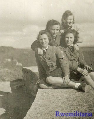 Rare Group Of Female German Uniformed Bdm Girls Posed On Rock Wall