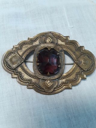 Antique Victorian Art Nouveau Ornate Brass Amethyst Glass Pin Brooch 3 " Wide