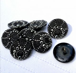 Vtg Antique Buttons Set Of 8 Black Glass Cut Steel Metal Shank Patented 1891