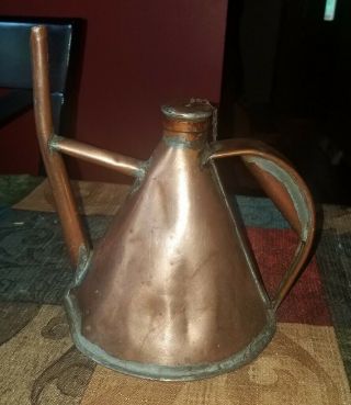 Rare Antique Solid Copper Watering Can W/handle & Chain Attached Lid Rare Shape