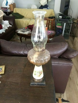 Large Authentic Antique Porcelain And Brass Base Kerosene Oil Lamp Gorgeous