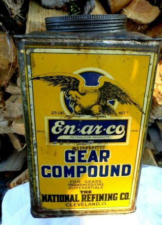 Vintage 1920s Rare En - Ar - Co Oil Grease Can Gear Compound National Refining Co.