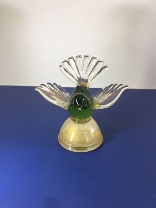 Rare Vintage Murano Art Glass Green Bird With Gold Dusted Base And Wings