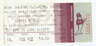 Rare Simple Minds 4/26/86 Berkeley Ca Greek Theatre Ticket Stub