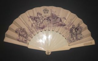 Rare Antique French Dieppe Medieval Knight Tournament Hand Painted Silk Leaf Fan
