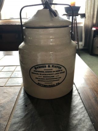 Rare Byrnes And Kiefer Stoneware Canning Jar.  Pittsburgh Pa.  Great Advertising