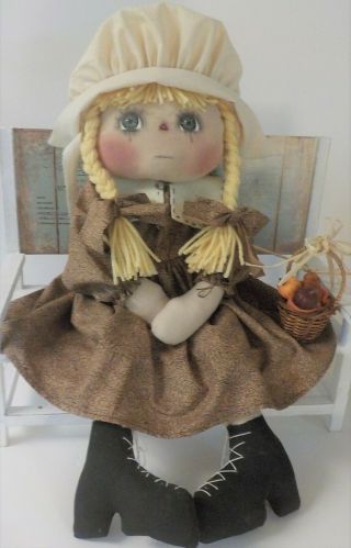 Prim Art Doll Hm Pilgrim Raggedy Ann Doll " Alice Marie " Thanksgiving / Basket