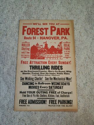 Rare Vintage Forest Park Hanover Pa.  Poster Sign 14 X 22 Inches