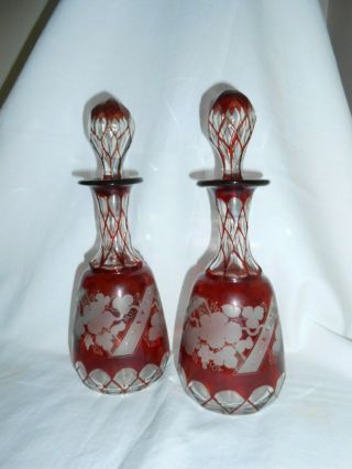 Two Vintage/antique Czech Bohemian Ruby Red/ Clear Glass Cruets