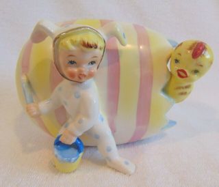 Rare Vintage Relpo [planter Girl In Bunny Suit Egg With Chick] Easter