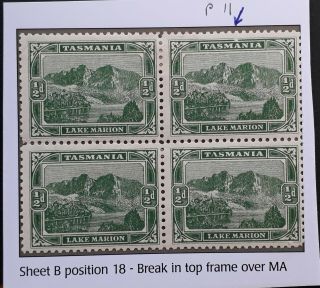 Rare 1904 Tasmania Blk 4x1/2d Green Pictorial Stamps P11 Break In Top Frame