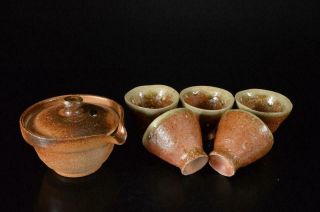 X638: Japanese Shigaraki - Ware Youhen Pattern Sencha Teapot & Cups Tea Ceremony