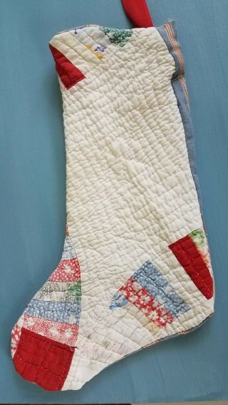 Christmas Stocking Hand Made From Antique Quilt Red White Wedding Ring