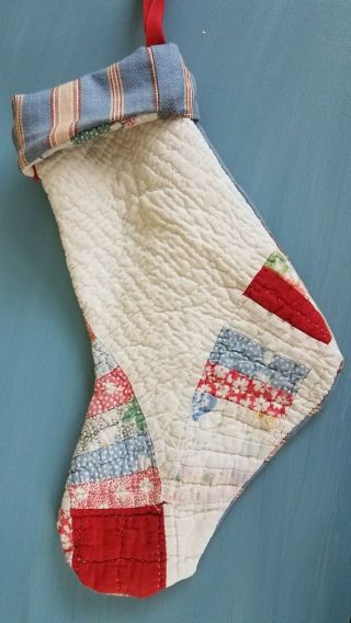 Christmas Stocking Hand Made from Antique Quilt Red White Wedding Ring 2