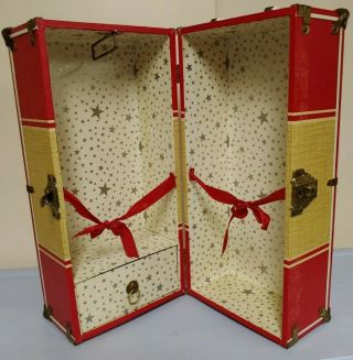 Vintage 1950s Red 16 " Doll Clothes Wardrobe Steamer Trunk Carrying Case