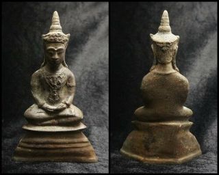 Rare Gilded Bronze Meditating Ayutthaya Crowned Buddha,  Mid 17th Thai Amulet P1