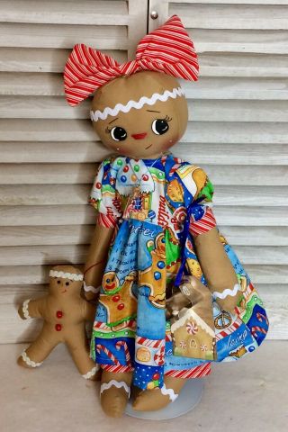 Primitive Raggedy Ann Gingerbread Doll Girl Christmas With Gingerbread Ornie