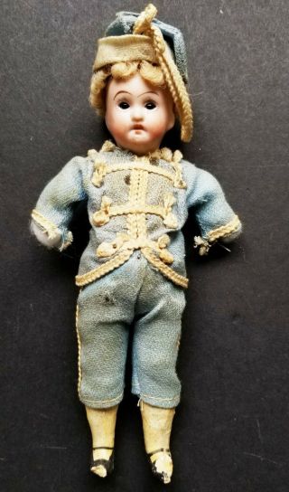 Antique French Bisque 7 " Soldier Doll With Glass Eyes Needs Arms.  `9/0 Mark